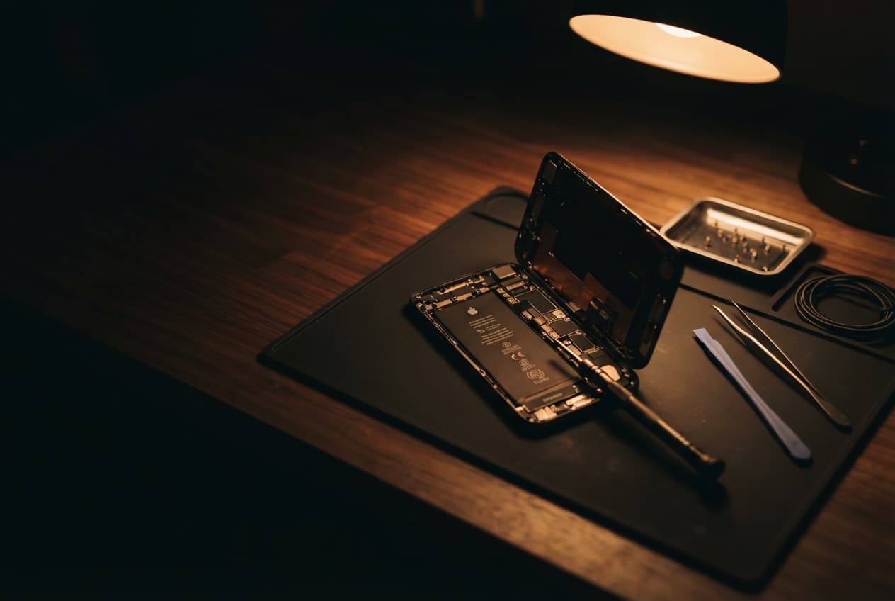 An iPhone opened on a workbench mat under a desk lamp, its battery and logic board exposed, beside a screwdriver, tweezers and a tray of screws