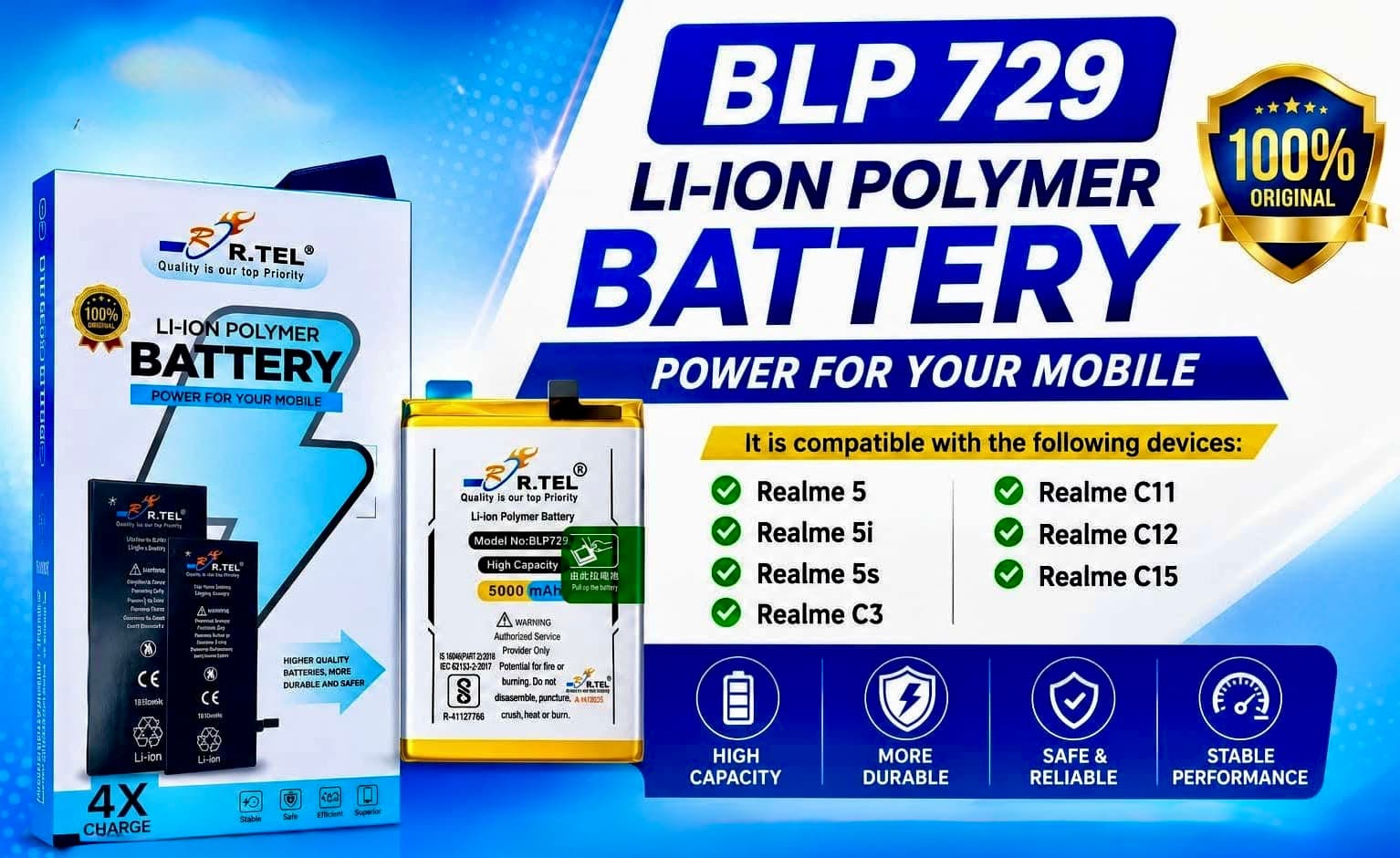BLP729 is a 5000mAh replacement lithium-ion polymer mobile battery designed for select Realme and Oppo smartphones