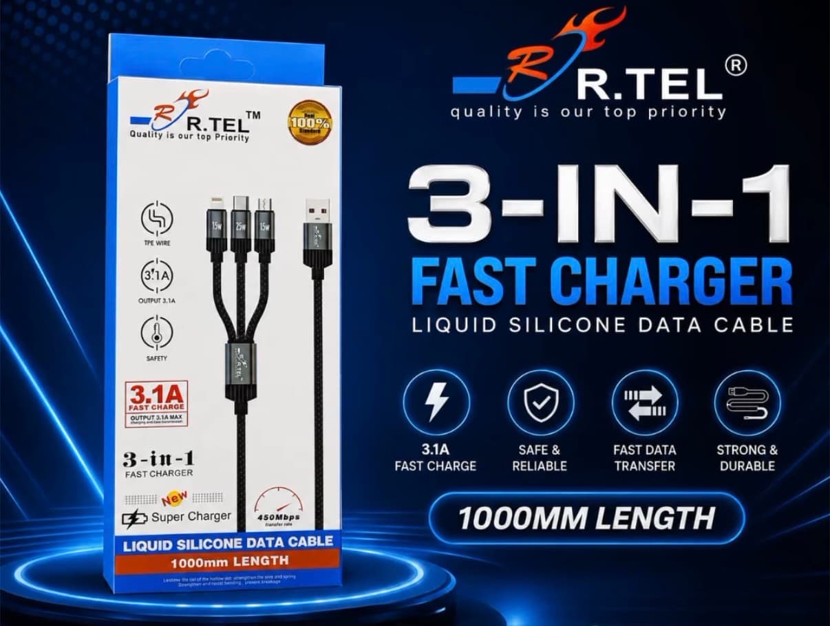 R.TEL R-DC10 Super Fast 3-in-1 Charging Cable | 3.1A Fast Charge | 450Mbps Data Transfer | Micro USB, Type-C & Lightning