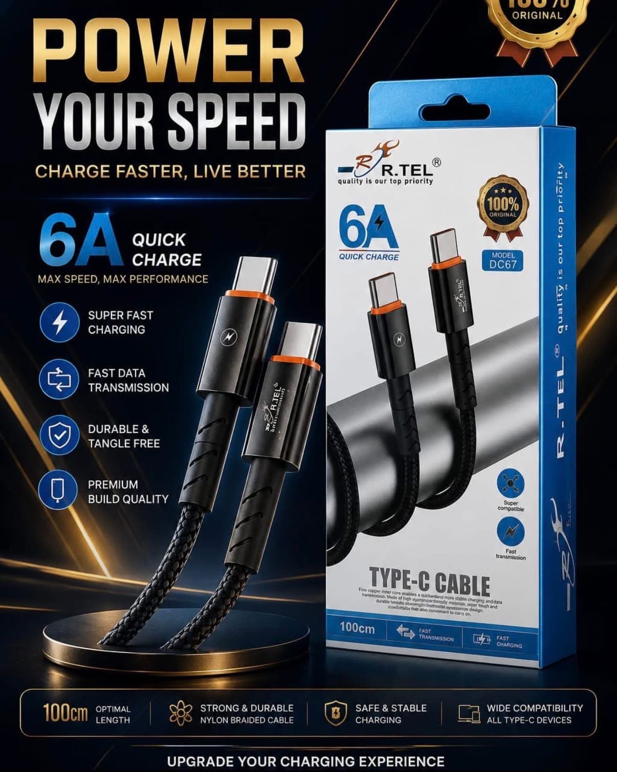 R.TEL R-DC67 Ultra Fast Charging Cable 6A | Type-C, Lightning, Micro USB | High-Speed Data Cable